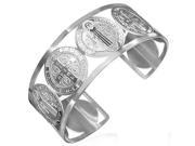 Stainless Steel Cross St. Benedict Religious Christian Open End Cuff Bangle