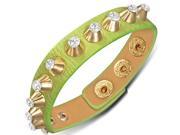 Green Faux PU Leather Gold Alloy CZ Spikes Snap Wristband Adjustable Bracelet