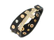 Faux Black Leather Yellow Gold Tone Religious Cross White Crystals CZ Multi Row Wristband Adjustable Bracelet