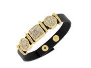 Fashion Alloy Black Leather Yellow Gold Tone White CZ Wristband Adjustable Bracelet