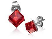 Stainless Steel Silver Tone Square Classic Red CZ Stud Earrings