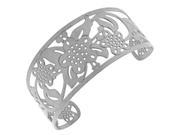 Stainless Steel Silver Tone Cut Out Floral Design Wide Open End Cuff Bangle Bracelet