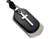 Fashion Alloy Black Leather Silver Tone Name Tag ID Cross Mens Pendant Necklace