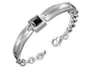 Stainless Steel Silver Tone Black CZ Square Womens Link Chain Bracelet
