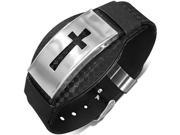 Stainless Steel Black Rubber Silicone Silver Tone Latin Cross Religious Adjustable Mens Bracelet