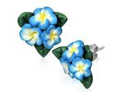 Fashion Alloy Polymer Clay Three Blue White Hawaiian Flowers Stud Earrings