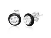 Stainless Steel Black Rubber Silicone Silver Tone Round Classic White CZ Stud Earrings