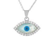 Sterling Silver White CZ Simulated Mother of Pearl Evil Eye Hamsa Pendant Necklace