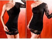 2014 New One sleeve Black white Oblique Lace sexy night club party sexy hot dress skirt