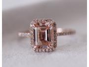 Halo Emerald Cut Morganite .26ctw Diamond Claw Prongs 14K Rose Gold Wedding Ring