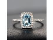 Claw Prongs Emerald Cut 5x7mm Aquamarine 14K White Gold Diamonds Promise Ring