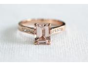 Prongs Emerald Cut Morganite Channel Set Diamonds 14K Rose Gold Engagement Ring