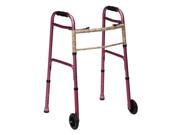 DMI Two Button Release Aluminum Folding Walker with 5 Non Swivel Wheels Pink