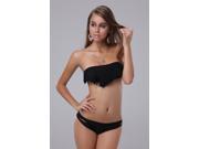 Fashion Sexy Padded Boho Fringe Bandeau Strapless Two Piece Bikini Bathing Suit Black