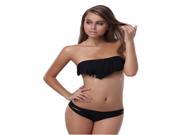 Fashion Sexy Padded Boho Fringe Bandeau Strapless Two Piece Black Bikini Bathing Suit