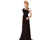 Coniefox Satin Chiffon Black One Shoulder Sequin Evening Dress Size L Color Black