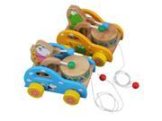 Pull Along Wooden Car w Cute Frog Playing Drum Pre school Kids Toy Random Color