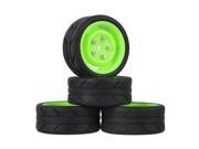 4xRC1 10 On Road Car Green Plastic Wheel Rims w Screw Arrow Pattern Rubber Tyres