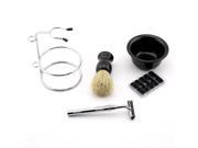 Portable Men Shaving Set Shaver Beard Brush Kit With Five Razor and Soap Dish Stand Bowl Black