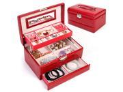Jewelry Box Storage Organizer Case Ring Earring Necklace Mirror PU Leather Red