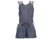 Little Girls Blue Chambray Lace Inset Tie Accent Sleeveless Romper 4