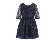 Sweet Kids Little Girls Navy Sequin Lace Gold Leaf Print Occasion Dress 4