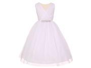 Big Girls White Pleated V Neck Rhinestone Tulle Special Occasion Dress 8