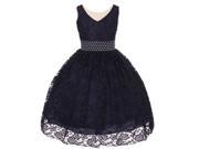 Little Girls Navy Heavy Spandex Lace Pearl Accented Flower Girl Dress 6