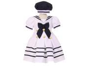 Baby Girls White Navy Striped Gold Button Pleated Sailor Hat Dress 24M