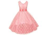 Little Girls Coral Lace Overlay Satin Brooch Sash Special Occasion Dress 6