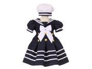 Baby Girls Navy White Striped Gold Button Pleated Sailor Hat Dress 24M