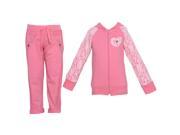 Little Girls Pink Lace Detail Heart Stud Hooded Top 2 Pc Pant Set 5
