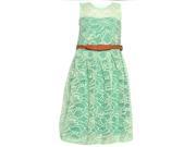 Mini Moca Little Girls Mint Floral Lace Overlay Brown Belt Neckline Dress 4