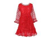Little Girls Red Sequin Adorned Crochet Lace Christmas Dress 4