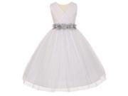Little Girls White Silver Chiffon Floral Sash Tulle Flower Girl Dress 2
