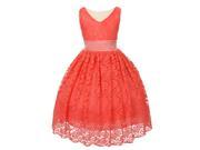 Little Girls Coral Heavy Spandex Lace Pearl Accented Flower Girl Dress 2