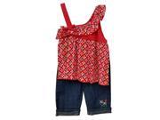 Little Girls Red Print One Shoulder Denim Capri Pant 2 Pcs Outfit Set 3T