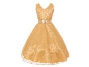 Little Girls Gold Lace Overlay Satin Brooch Sash Flower Girl Dress 6