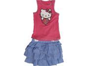 Hello Kitty Little Girls Fuchsia Blue Studded Heart Tiered 2 Pc Skirt Outfit 6X