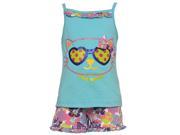 Buster Brown Little Girls Turquoise Cat Face Floral Print 2 Pc Shorts Set 5