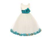 Little Girls Ivory Teal Petal Adorned Satin Tulle Flower Girl Dress 6