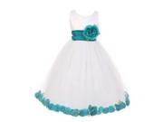 Little Girls White Teal Petal Adorned Dull Satin Tulle Flower Girl Dress 6