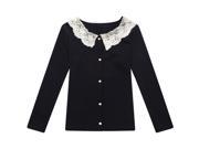 Richie House Big Girls Navy Solid Colored White Lace Detail Cardigan 6 7