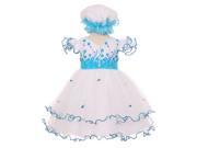 Baby Girls Turquoise Floral Embroidery Jewel Ruffle Bonnet Flower Girl Dress 18M