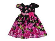 Little Girls Black Fuchsia Floral Printed Adorned Short Sleeve Dress 2T