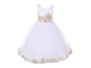 Little Girls White Champagne Petal Adorned Satin Tulle Flower Girl Dress 4