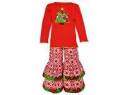 AnnLoren Little Girls Red Green Christmas Tree Scroll Flared Pants Outfit 2 3T