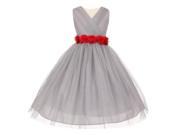 Little Girls Silver Red Chiffon Floral Sash Tulle Flower Girl Dress 2