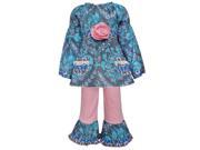 AnnLoren Little Girls Blue Pink Floral Damask Ruffle Pants Outfit 2 3T