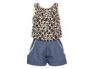 Little Girls Ivory Brown Leopard Spotted Top Denim Cuffed Shorts Jumper 6X